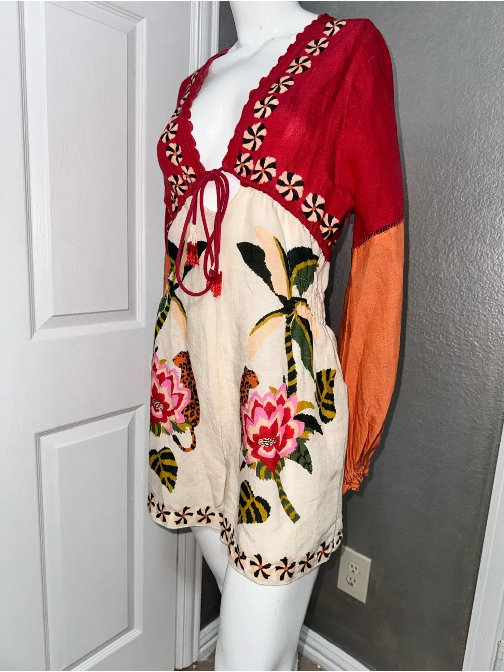Anthropologie Pink and Cream Embroidered V-Neck Romper - Picture 12 of 17